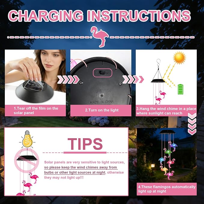 7-Color Light Changing Flamingo Solar Lights for Outside, Solar Lights Gifts for Father's Day, Solar Flamingo Wind Chimes Gifts for Women, Mom, Grandma, Garden Yard Lawn Outdoor Decor Mobiles