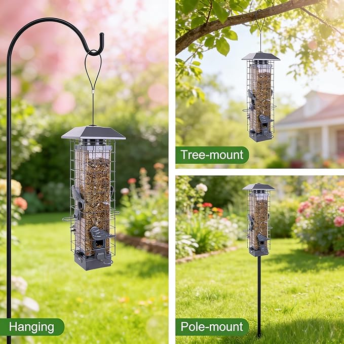 Squirrel Proof Bird Feeders for Outdoors, Metal Wild Bird Feeder for Outside Hanging, 4 Ports Perches, 3LB Large Capacity(Gray)