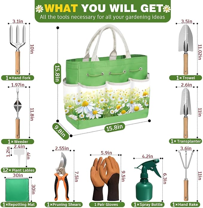 22Pcs Garden Tools Set for Women,Heavy Duty Hand Tool Kit,Gifts for Mothers Day Mom Beginner Gardening Essentials with Large Tote Bag/Repotting Mat/Trowel/Rake/Pruner/Gloves/Plant Tags-Green