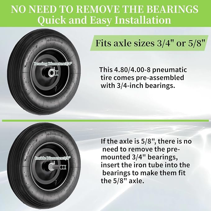 RRQ (2 Pack) 4.80/4.00-8 Tire and Wheel, 16" Pneumatic Wheelbarrow Tires with 3" Centered Hub and 3/4" Bearings (Comes with 5/8" ID Iron Tube Adapter), for Wheelbarrow, Garden Cart, Trailer and More