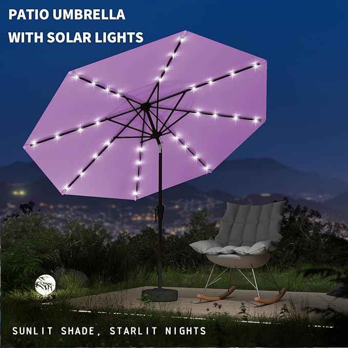 9FT Patio Umbrella with Solar Lights,Outdoor Market Umbrella with Tilt and Crank, LED Lighted Table Umbrella for Garden,Deck,Backyard,Pool,Beach