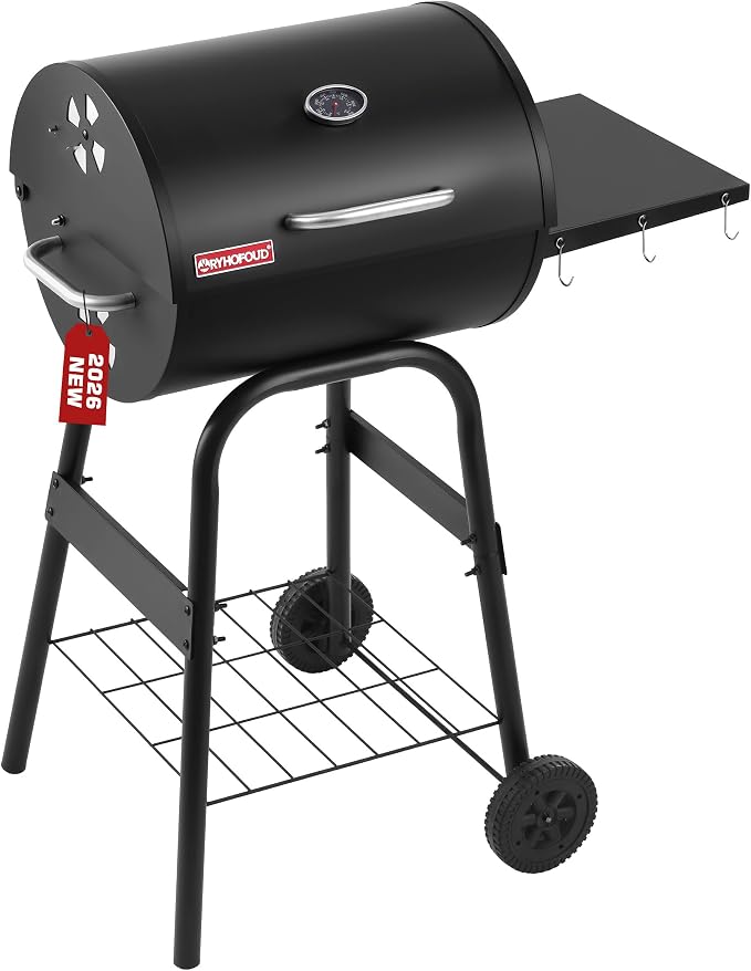 Barrel Charcoal Grill with Lid, 388 Sq.In Cooking Space & Wheels