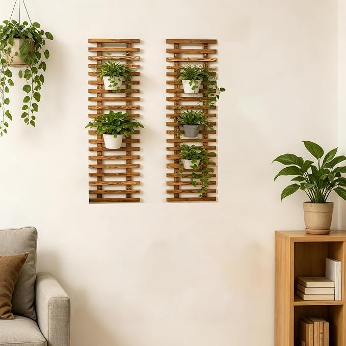 2 Pcs Wall Planter for Indoor Outdoor Plants - Wooden Wall Amounted Plant Holder for Hanging Pots, Vertical Pack Wood Garden Trellis for Climbing Plants Orchid Ivy Vine Rose Patio Home Decor, 35.43"