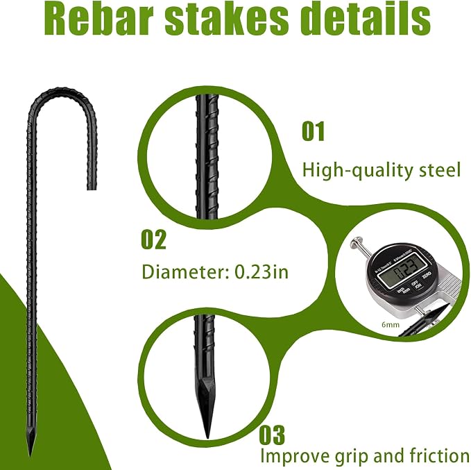 Rebar Stakes 12Inch,J Hooks Ground Stakes Anchors for Gardening Black Coated Ground Stakes 32pcs Anti-Rust Heavy Duty Dog Fence Fixed Water Pipes Soccer Goals Tent Camping Trampoline