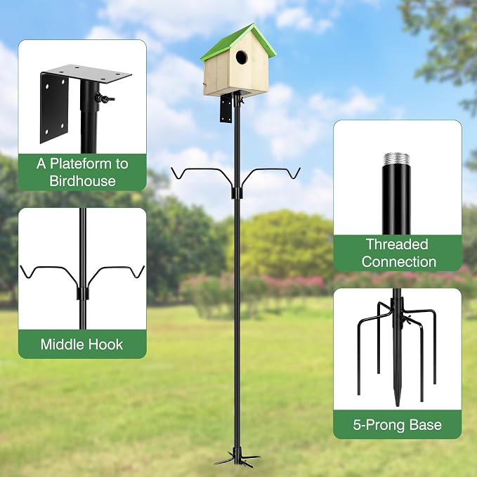YINGYM Bird House Pole, 95 Inch Heavy Duty Bird Feeder Pole Mount Kit for Outdoors, Adjustable Bird Feeding Stand, with 2-Hooks, 5-Prong Base for Birds Watching