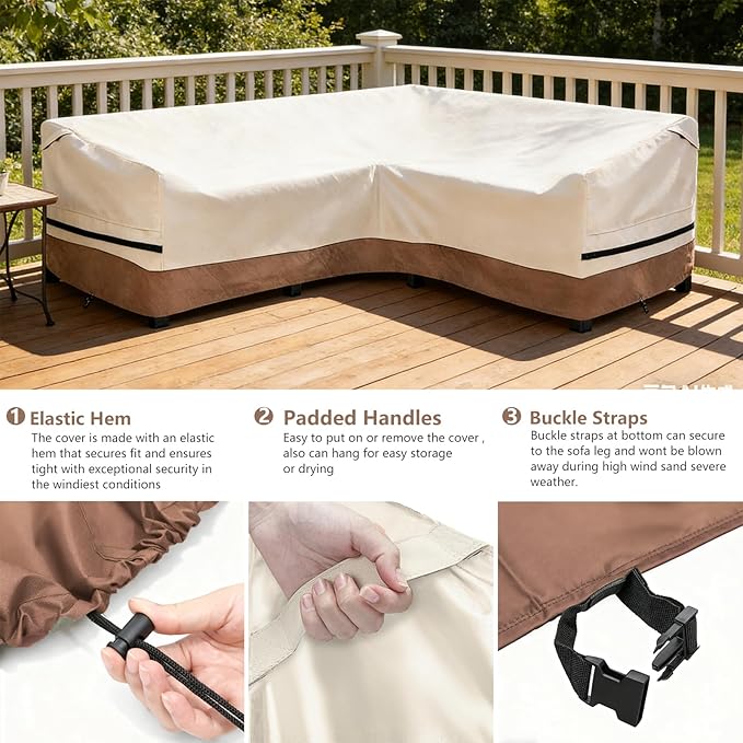 okcool Outdoor Sectional Cover,V-Shaped Patio Furniture Covers for 7-Seater Outdoor Sectional Furniture Couch（105''X105''）,Beige & Brown