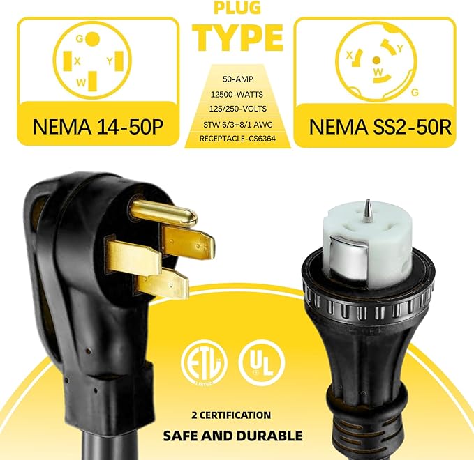 50 Amp Generator Extension Cord, 13FT STW 6/3 + 8/1 Power Cord N14-50P & SS2-50R & CS6364 Twist Lock Connectors