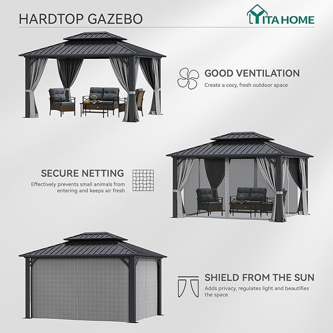 YITAHOME 10X12FT Hard Top Metal Gazebo Patios Double Roof Canopy Aluminum Frame Garden Gazebo Tent Curtains Netting for Patios Backyards Decks Lawns Gray
