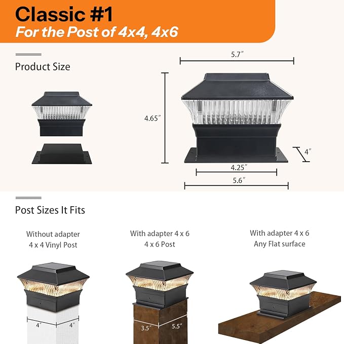8 Pack Solar Post Cap Lights - Classic #1: for Flat Surfaces & 4x4 Vinyl, Also Fits 4x6 Wood (Sits-On-Top), 25 Lumen 3000K Warm White, Outdoor Deck Fence Light, Waterproof, Matte Black