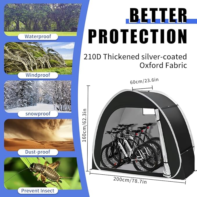 Outdoor Storage Shed Bike Tent with 210D Oxford Fabric PU4000 Waterproof Large Capacity for 3 Bikes, Garden Tools, Black