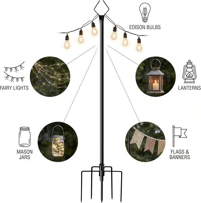 10FT Outdoor String Light Poles 6 Pack, Metal Light Stands with Fence Brackets for Hanging Lights, Patio, Pergola, Garden, Backyard, Yard & Camping Use
