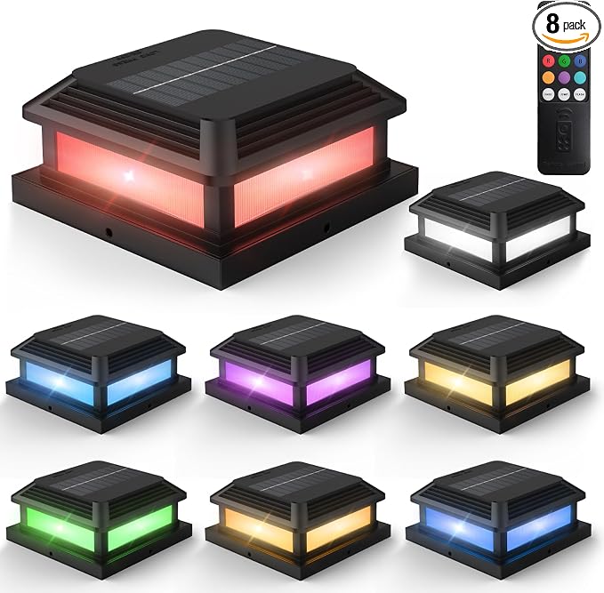 Solar Post Cap Lights with Remote, 9 Colors 3 Modes Changing Solar Deck Lights Outdoor Waterproof, 8 Pack 4x4 Post Solar Lights Fits 4x4/5x5 Wood/Vinyl Fence Deck Posts, Backyard, Garden, Fence