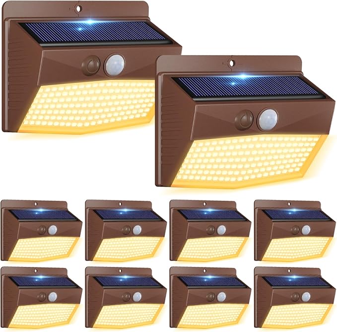 Peasur Solar Lights Outdoor Motion Sensor [10 Packs] Security Light with 3 Lighting Modes Wall Lights Waterproof Solar Powered Lights for Garden Fence Yard, Brown White