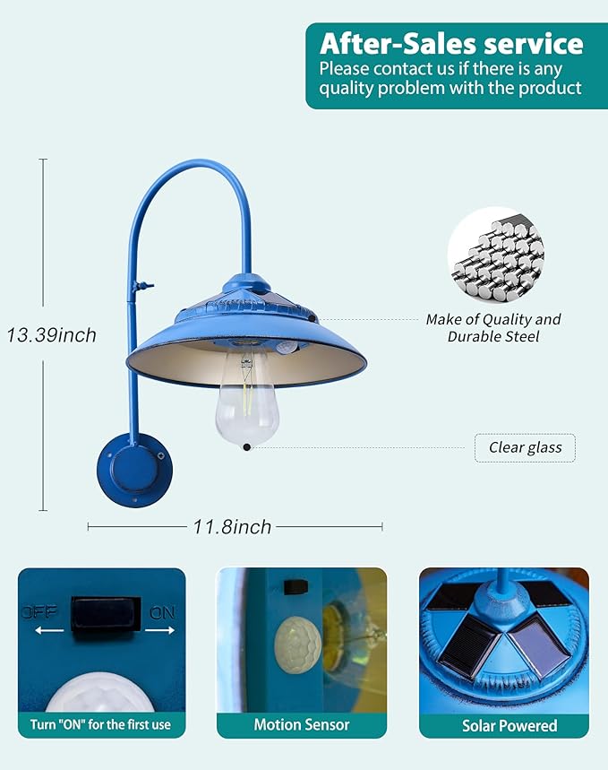 Goodeco Solar Barn Light Outdoor - Motion Sensor Rustic Vintage Gooseneck Wall Light Fixture with Clear Glass LED Edison Bulb, No Wiring, Ideal Gifts for Patio Porch Deck & More (Blue)