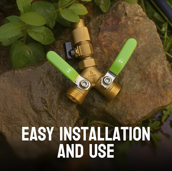 2-Way Hose Splitter – Heavy Duty Brass Y Connector with Stainless Steel Rubbered Handle, 3/4” GHT Thread – Full Flow Garden Hose Splitter for Outdoor Faucets