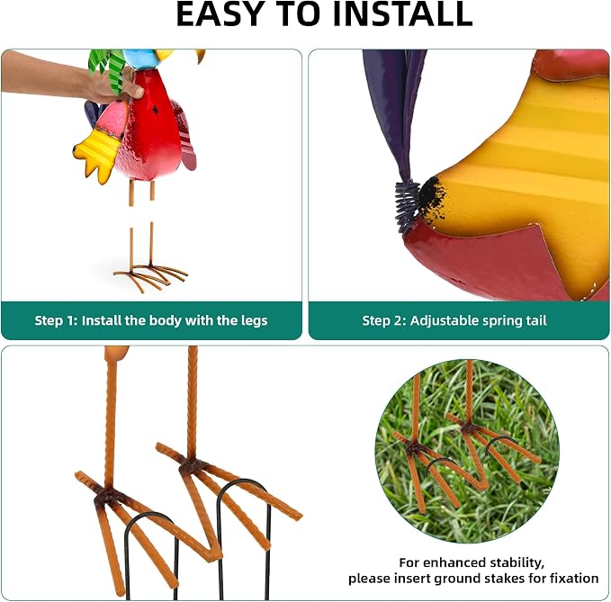 30" Tiki Bird Decor, Large Weatherproof Metal Parrot Yard Art | Handcrafted cartoon parrot with ground stake. For patio, lawn, balcony & indoor. Tropical party decor & unique gift ideal