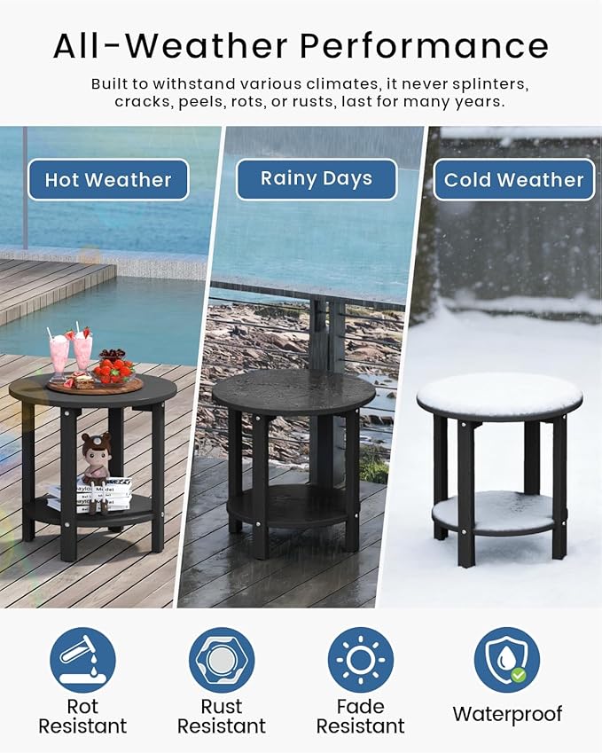 HDPE Outdoor Side Table for Patio, 18.1-Inch Weatherproof Small Outdoor Table for Adirondack, 2-Tier Round End Table for Garden Backyard Porch Deck Balcony Poolside (Black)