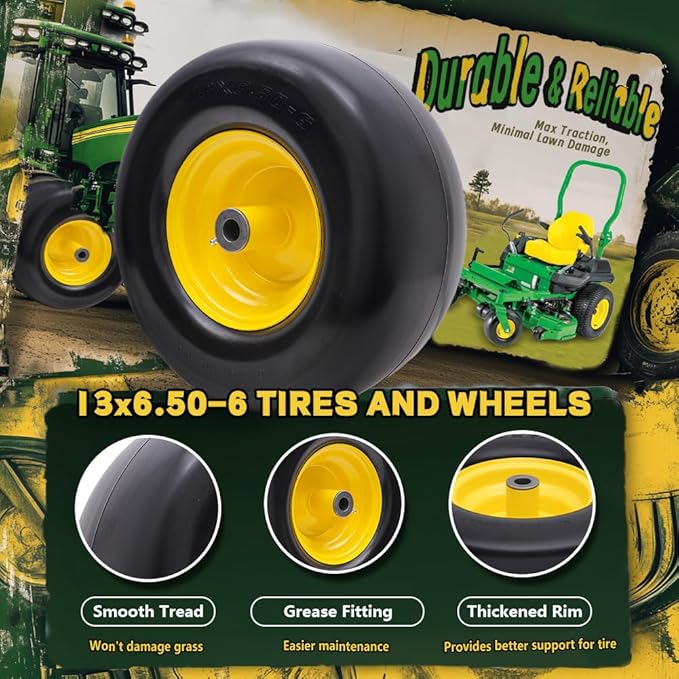 13x6.50-6 Flat Free Tire and Wheel with Rim,Universal 13x6.5-6 Solid Smooth Rubber Zero-Turn Lawn mowers Tire,5.5"-7.72”Centered Hub and 3/4" extra 5/8" 1/2” Bushings(Yellow)