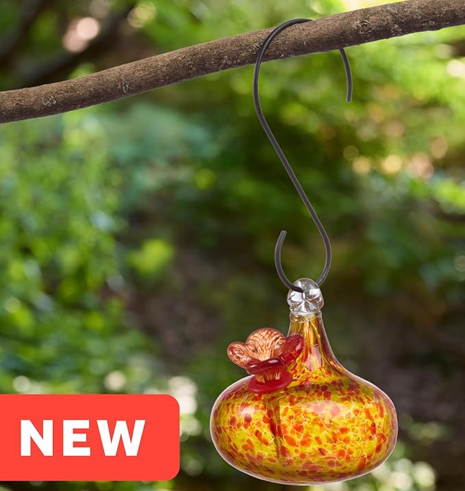 Red Carpet Studios Hummingbird Feeder Hand-Blown Art Glass Hanging Birdfeeder with Red Flower Feeding Port, 5.5" Teardrop Yellow