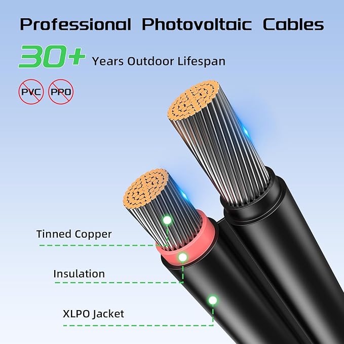 Bateria Power 20Ft 8AWG Solar Panel Extension Cable, 10mm² Twin Wire Conductor Parallel Solar Wire Adapter Kit with Waterproof Female & Male Solar Connectors for RV, Marine, Photovoltaic Systems