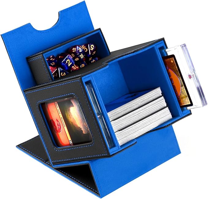 Card Deck Box for MTG with Commander Display Fits 100 Double-Sleeved Cards, Deck Case for EDH/TCG/Sports Cards with 2 Magnetic Card Holders (Black Blue)
