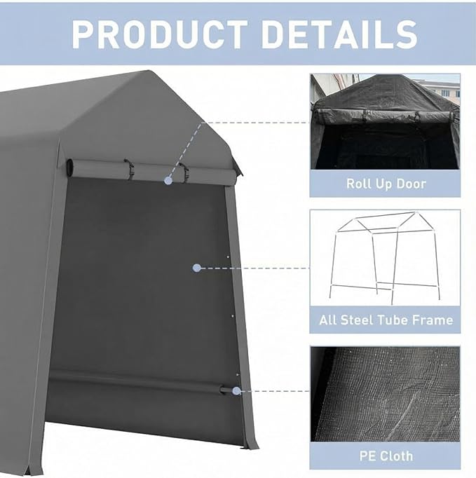 Garvee 7X12 Ft Outdoor Storage Shed, 2 Rolled Up Zipper Doors Portable Storage Shed, Waterproof Cover Vents Carports Temporary Shelter for Bike, Motorcycle, Gardening Tools, Generator, Grey