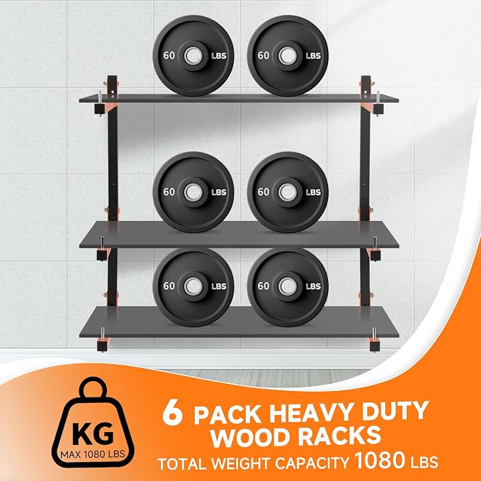 Lumber Rack Wall Mount, Heavy Duty Wood Storage Racks, 9-Level System Garage Shelving, 1080 Lbs Capacity Organizer Shelves, Folding Orange Brackets, 6 Pack Hanging Metal Shelf for Indoor and Outdoor