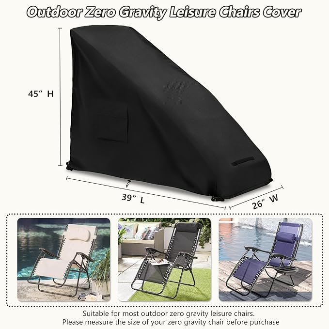 Zero Gravity Chair Cover XL,Outdoor Heavy Duty 600D Waterproof Zero Gravity Lounge Chair Cover,Patio Folding Zero Gravity Recliner Cover.black,39" L x 31" W x 45" H.
