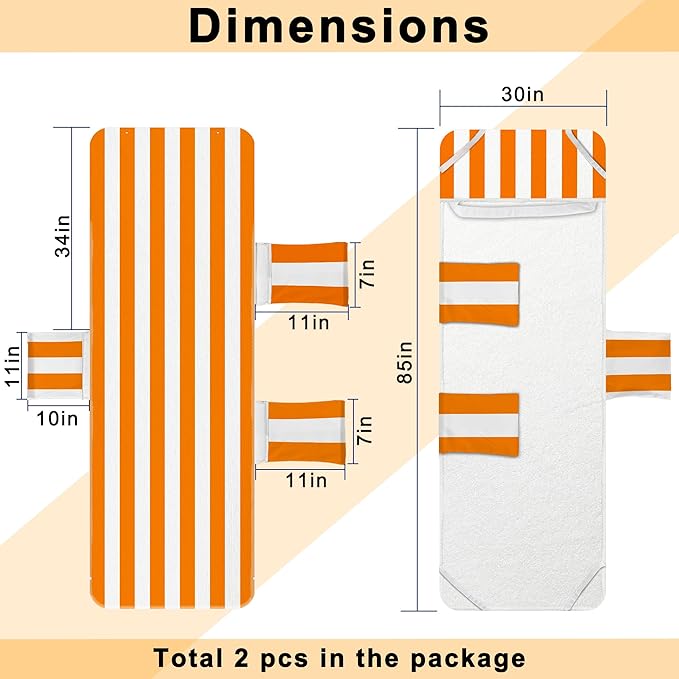Lounge Chair Towel Cover, Beach Chair Covers (Pack of 2), Chaise Lounge Cover with 3 Pockets for Pool Beach Courtyard Garden Outdoor Trips, 85 x30 in, Striped White Orange