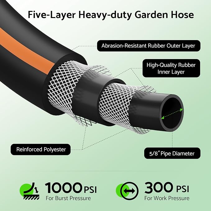 Heavy Duty Garden Hose 50 ft x 5/8", 5-Layer Hybrid Rubber Water Hose with 3/4" Swivel Brass Male to Female Fittings, 1000 PSI Burst, No-kink for Lawn, Backyard, Black & Orange