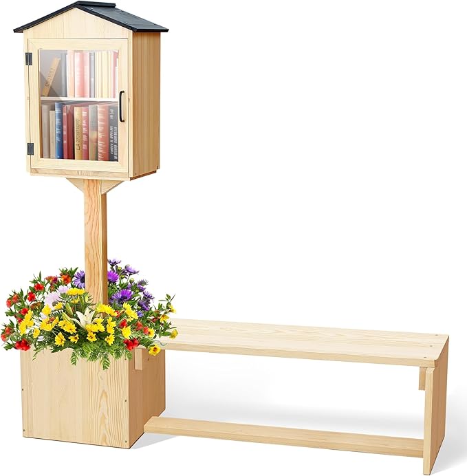 Wonderjune Little Library Box Outdoor, Weatherproof Solid Wood Free Library with Matching Wooden Seats Floor Plugs and Small Flower Fence for Neighborhoods Community School(Wood)
