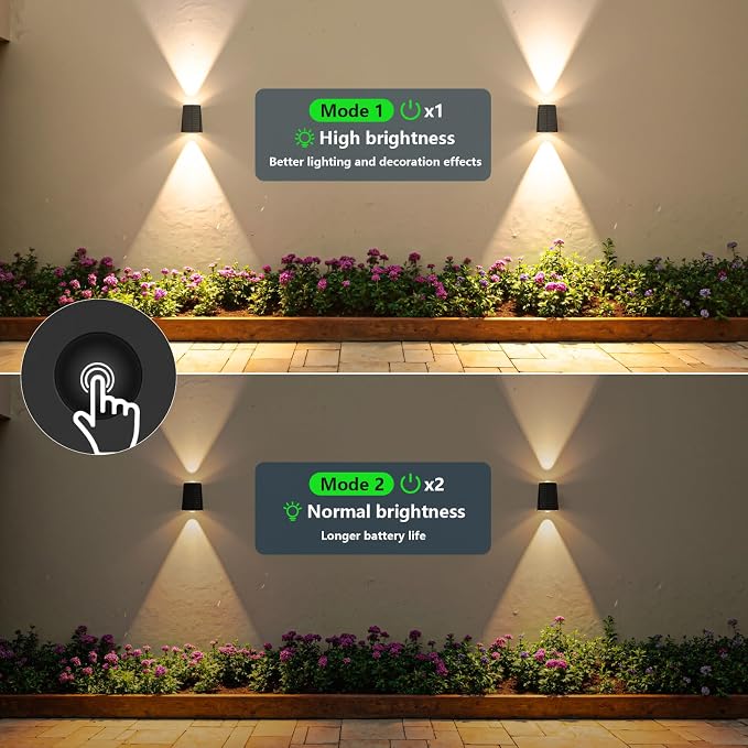 6 Pack Solar Wall Lights Outdoor Waterproof Up and Down 2 LED Fence Sconce for House, Patio, Porch, Yard, Garden, Garage and Pool for Security and Decorative Lighting, Wall Mounted Install(Warm White)