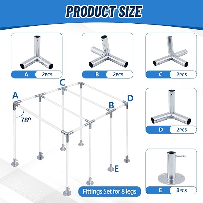 Frienda 8-Leg Lean-to Canopy Fittings for under 1-3/8" EMT, 16 Pcs Lean to Carport Frame Connectors Kit DIY Project for Slant Roof Carport, Shed, Gazebo, Greenhouse, Shelter Deck, Pipes Not Included