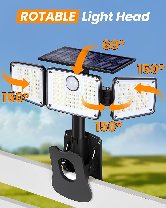 Clip on Solar Lights, 1500LM Motion Sensor Security Lights with Remote Control, 270°Wide Angle Solar Flood Light, 3 Heads High Bright Solar Lights Outdoor Waterproof for Fence Gutter Yard（1Pack）