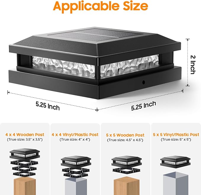 Bosceos 8-Pack Solar Post Lights, 2-Colors Mode 16LEDs Outdoor Decorative Post Cap Lights, Waterproof Solar-Powered Fence Posts Light, Fit 4x4, 5x5 Vinyl/Wooden Posts in Garden Yard Porch Deck, Black