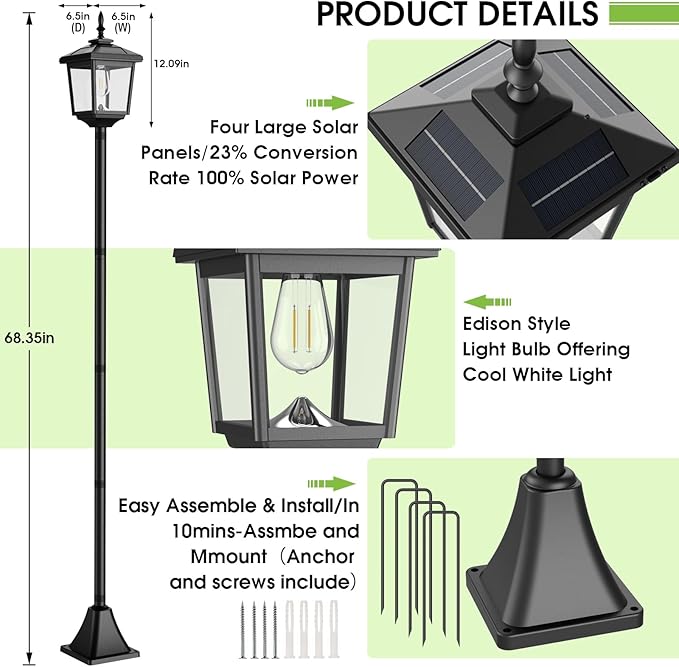 Greluna Solar Lamp Post Light Outdoor, Cool White, IP45 Waterproof Solar Post Lights Outdoor, Pole Lights Decorative Lamp for Yard Garden Patio Lawn Pathway Driveway Front/Back Door 2 Pack