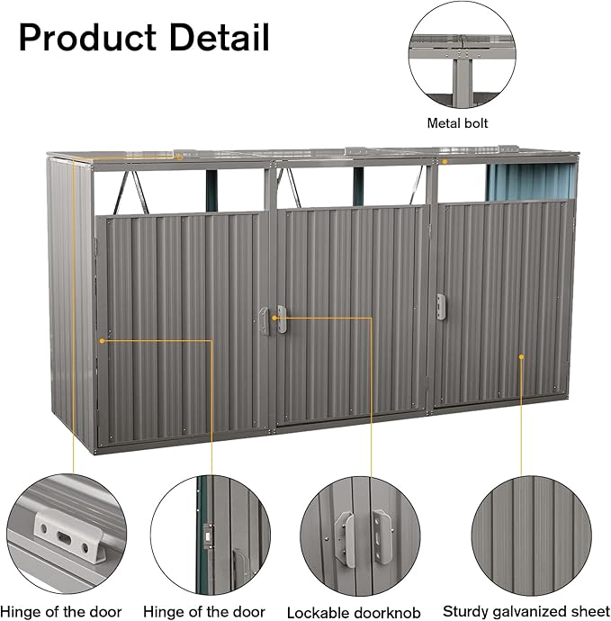 94.48" Metal Garbage Bin Shed Stores with Ventilated and Lockable,Patio Furniture 3 Trash Cans Outdoor Sheds w/Rust-Proof & Scratch- Resistant,for Garden Yard Lawn,Grey
