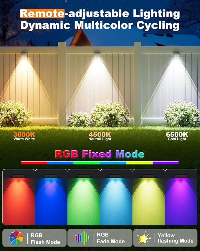 VOLISUN Solar Fence Lights with Remote Control, 50 Lumen LED Fence Lights Solar Powered, IP65 Waterproof, 10 RGB Color Long-Lasting Solar Lights for Backyard Garden Deck Patio Railing (8 Pack)