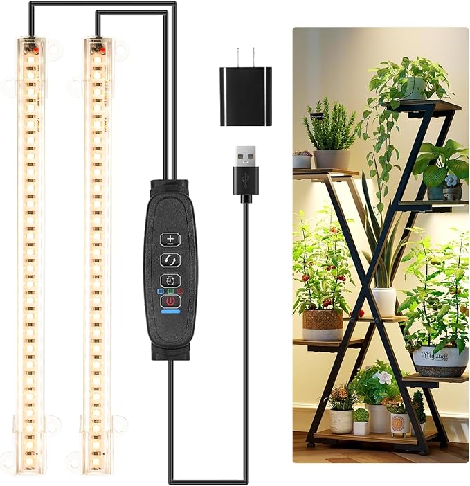 8.6'' LED Grow Light Strips, Full Spectrum 3500K Grow Lights for Indoor Plants, 2 Head with 3/9/12H Timer, 10 Dimmable Levels, Suitable for Seedling, Succulent, Plant Shelf and Greenhouse, 1-Pack