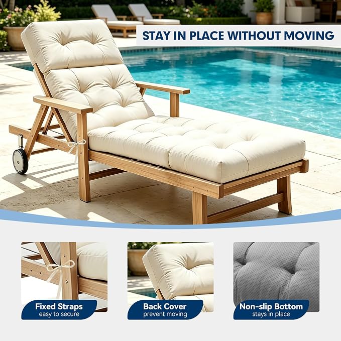 Non-Slip Outdoor Chaise Lounge Chair Cushion, Waterproof 74.4 x 22 x 4.7 Inches Lounge Chair Cushions for Outdoor Patio Furniture with Ties, Pool Chaise Lounge Cushions Replacement, Cream