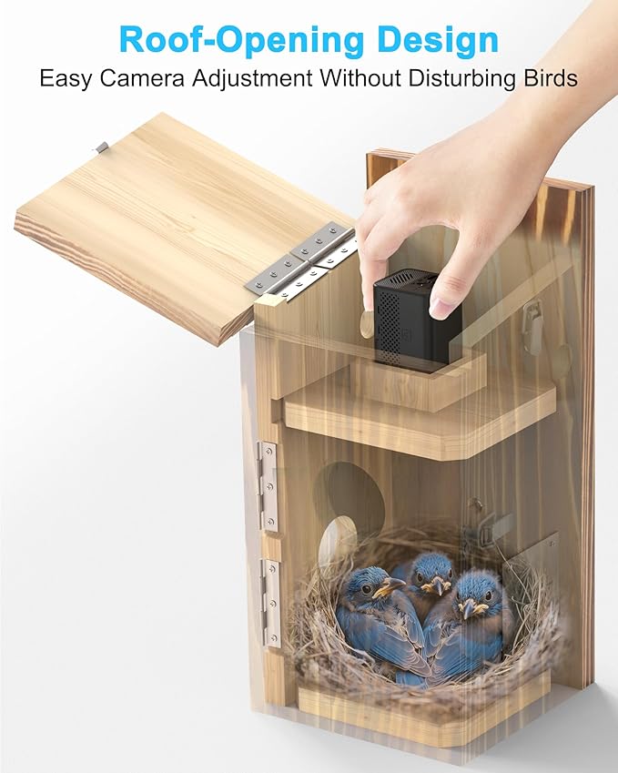 Bird House with Camera Solar Powered,2K HD Wi-Fi Bird Watching, Auto Detect&Notify, Night Vision, APP Control, Birdhouse for Birds Nesting, Wooden Birdhouse with Cam Inside (Include Pole)