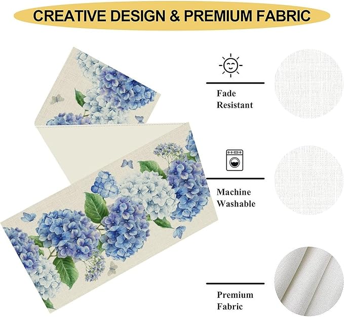 Blue Floral Table Runner, Rustic Watercolor Hydrangea Spring Summer Seasonal Flower Butterfly Coffee Table Center Decor for Family Kitchen and Dining Party FarmhouseTable Decorations, 13"x72"