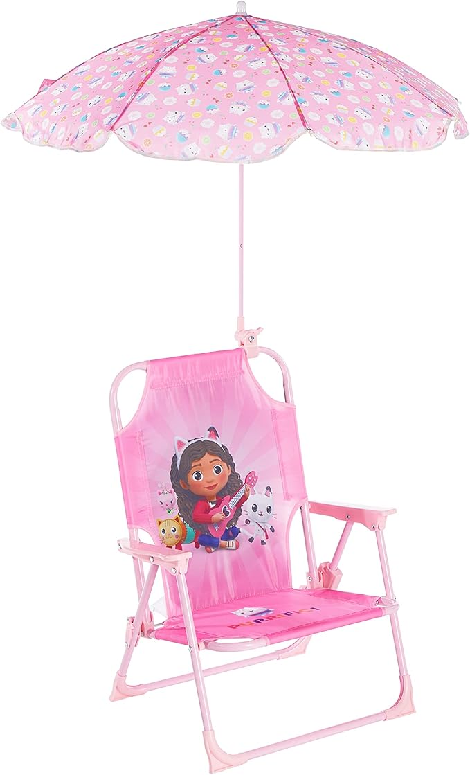 Gabby’s Dollhouse Kids Folding Beach Chair with Umbrella, Outdoor Chair for Girls Ages 3+,Portable, Lightweight, UV Protection - Patio, Pool, Beach Travel Accessory