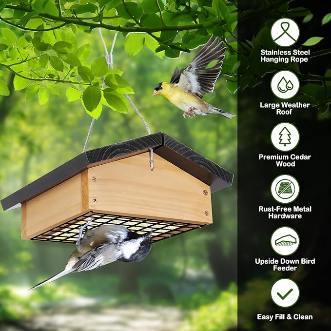Gbekery Upside-Down Suet Feeder Squirrel Proof with Durable Cedar Wood,Winter Bird Feeders for Outdoors Hanging, Attracts Woodpeckers, Nuthatches, and Chickadees, Easy to Refill