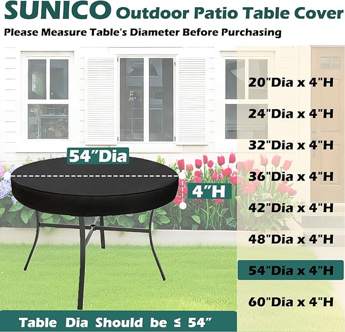 SUNICO Outdoor Round Table Cover 54" Dia, Patio Table Cover Round for Patio Circle Coffee Table & Dining Table & Picnic Table.Windproof, Waterproof, Stain-Resistant, Durable Table Cover