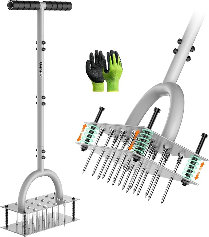 Grenebo Lawn Aerator Manual Aerator Lawn Tool with 16 Spikes, Metal Grass Aerator for Yard, Lawn Aeration, Automatic Soil Ejection, Pre-Assembled Lawn Aerator Tool (Black Gray)