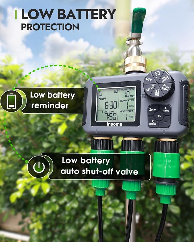 Insoma 3 Outlets Sprinkler Timer, Brass Inlet and Outlet | Automatic Irrigation/Manual Mode Optional | Large LCD + Rain Delay | IPX5 Waterproof, Water Hose Timer for Lawn, Garden, Pool