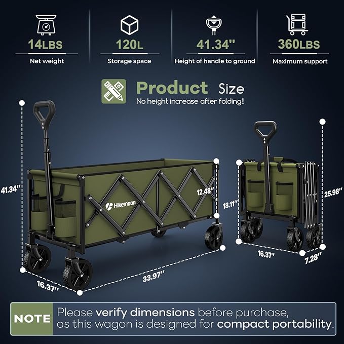 Hikemoon 34'' Extra Long Collapsible Wagons Carts Foldable, 360LBS Heavy Duty Folding Beach Wagon with Wheels, Portable Utility Outdoor Cart for Grocery, Garden, Sports, Camping, Green