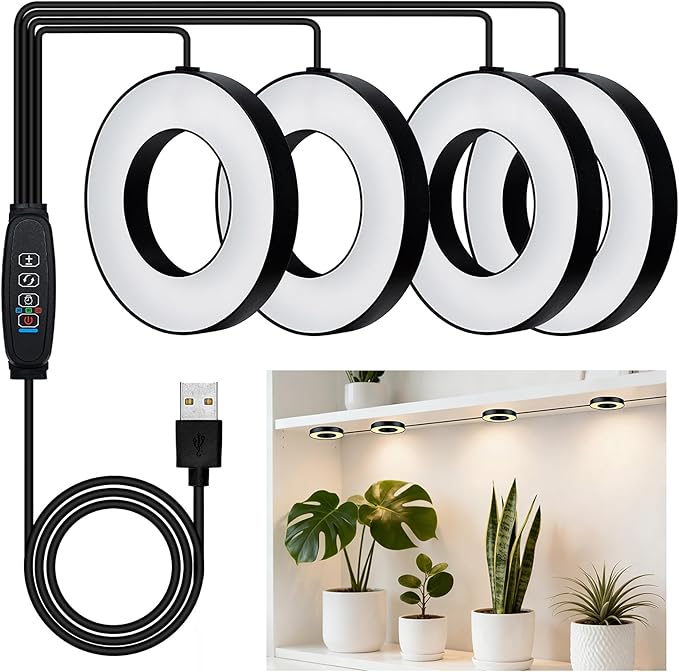 Mcbazel Ceiling Grow Lights for Indoor Plants, with 3/9/12H Auto Timer Switch, 3 Colors,10 Dimming, Quad Head, Corded, Mini Growing Lamp for Pot Plants, Succulents, Shelves