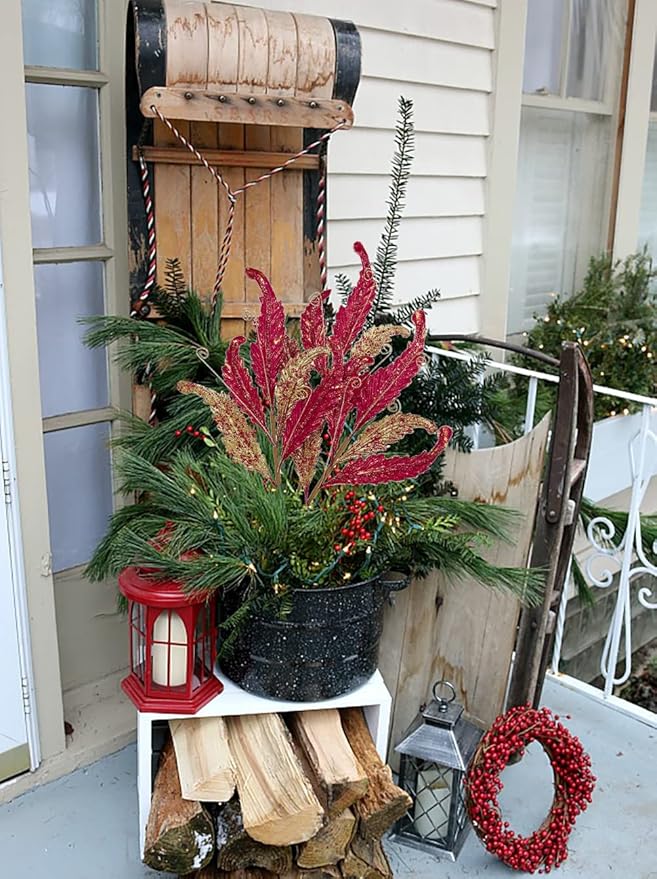 GnFlus 3 Pcs Christmas Glitter Leaves Large 27 Inch Artificial Glittered Leaf Picks and Spray Stems Ornament for Home Wedding DIY Xmas Tree Wreath Garland Floral Arrangement Decor - Red Gold